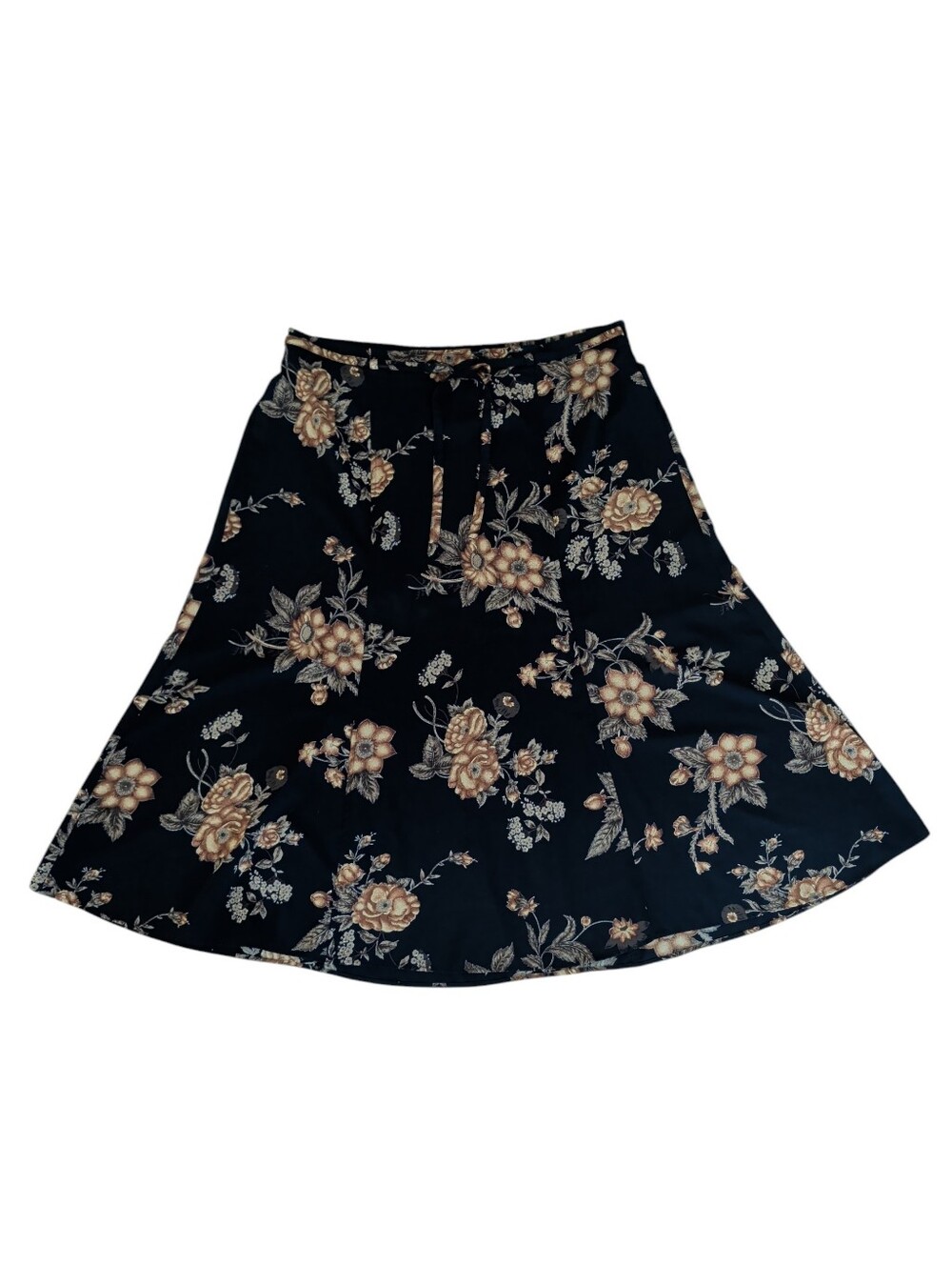 Vtg.Maggie McNaughton Floral Pull-On Midi Skirt 16W Navy Tan